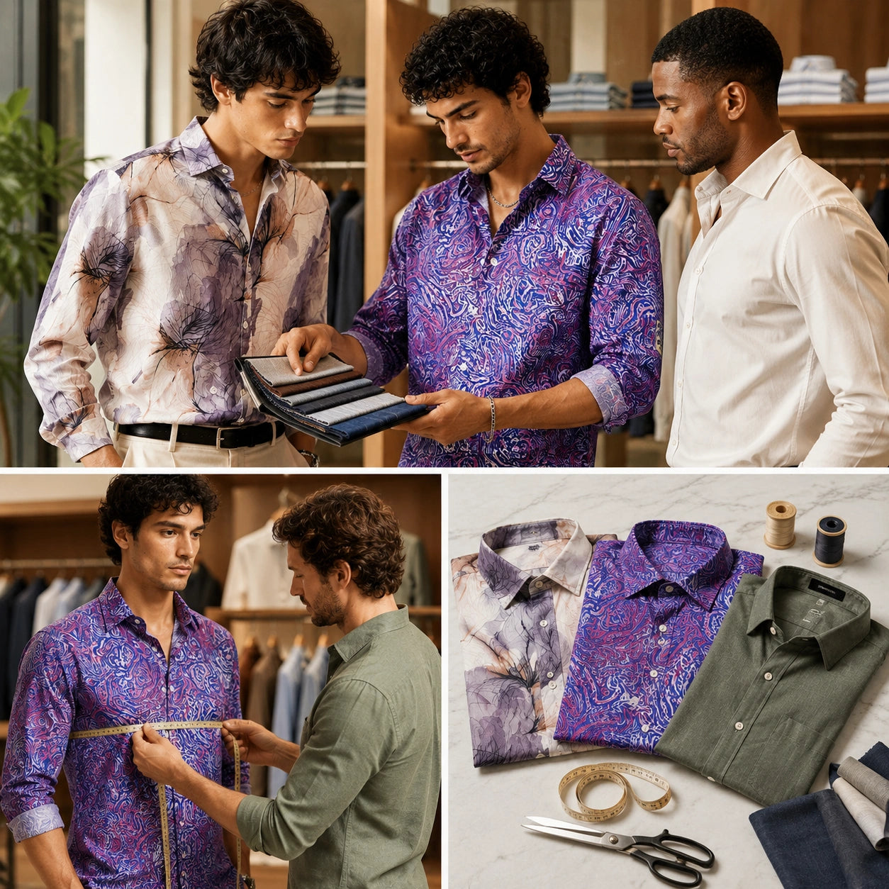 A four-panel collage showing men wearing and measuring shirts in a clothing boutique, alongside folded shirt samples on a marble surface with sewing tools.