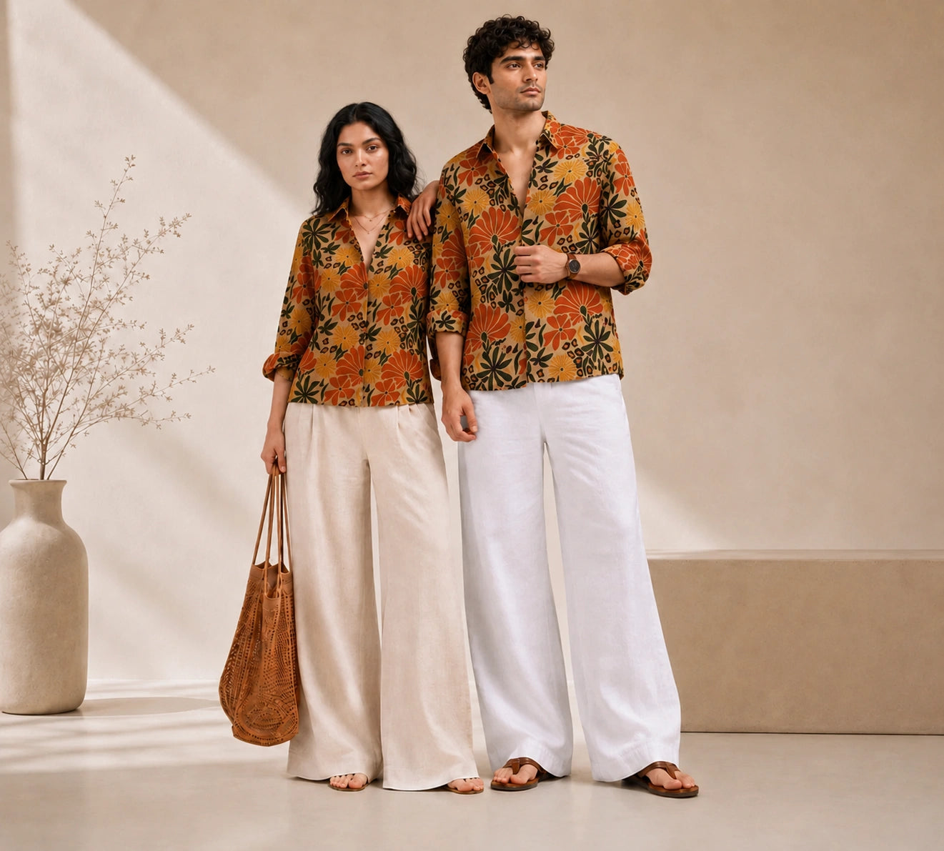 A man and a woman modeling matching tropical floral print button-down shirts in orange, yellow, and green, paired with wide-leg white pants, in a warm beige studio setting.