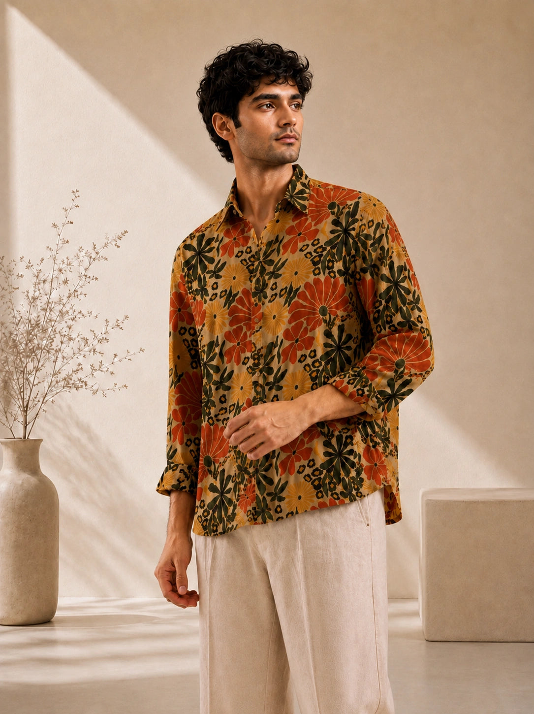 A man wearing a long-sleeve button-up shirt with a bold orange, green, and yellow floral pattern, paired with cream-colored trousers, standing in a minimalist beige room with soft shadows.