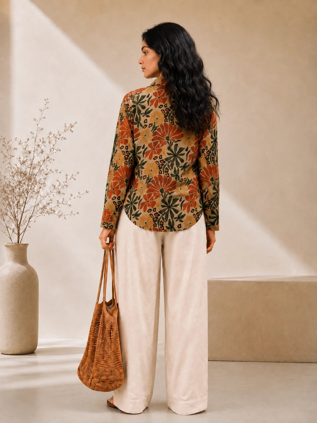 A woman stands with her back to the camera wearing a long-sleeve floral blouse in rust orange, olive green, and beige, paired with wide-leg cream trousers and holding a brown woven tote bag in a minimalist beige room.